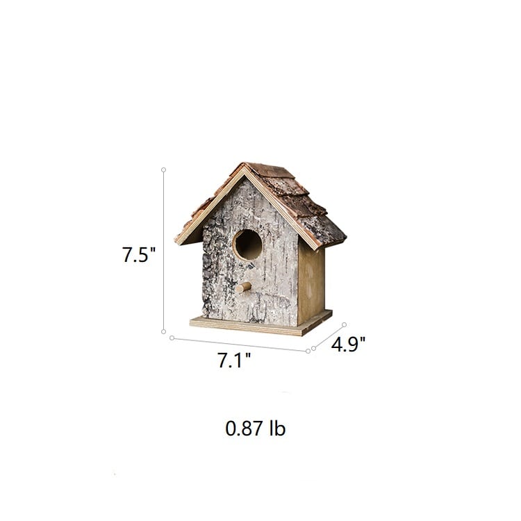 Decorative weathered wood bird house, 7.5 in tall, 7.1 in wide, 4.9 in deep