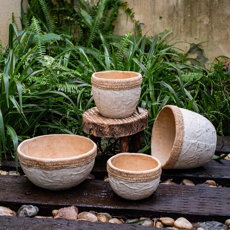 Cement planter set with woven rattan rims, round concrete bowls (multiple sizes)