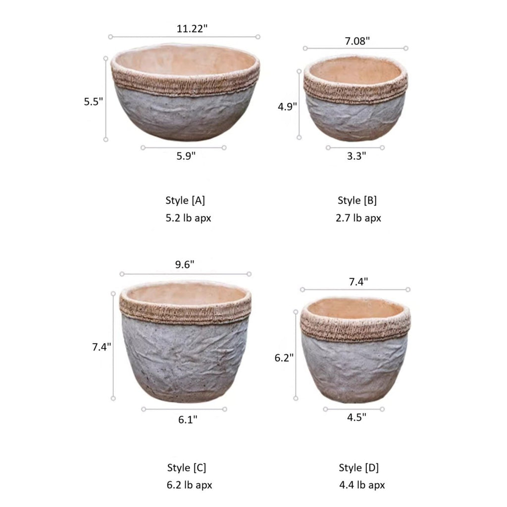 Size chart for woven-rim cement planters: Styles A–D with inch dimensions