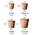 Terracotta red concrete planter pot size chart: small, medium, large, X large.