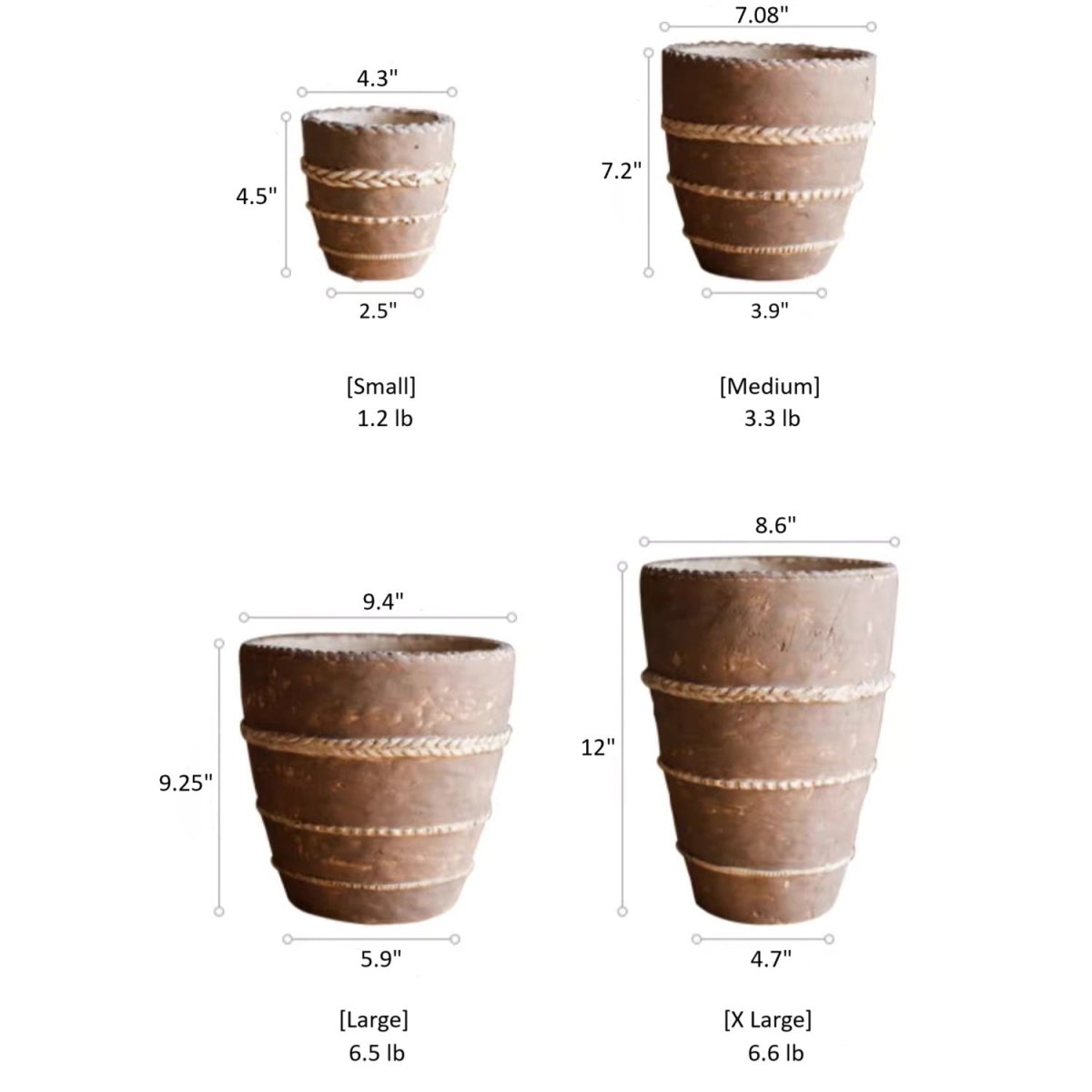Terracotta red ribbed planter with rope-braid band and speckled finish