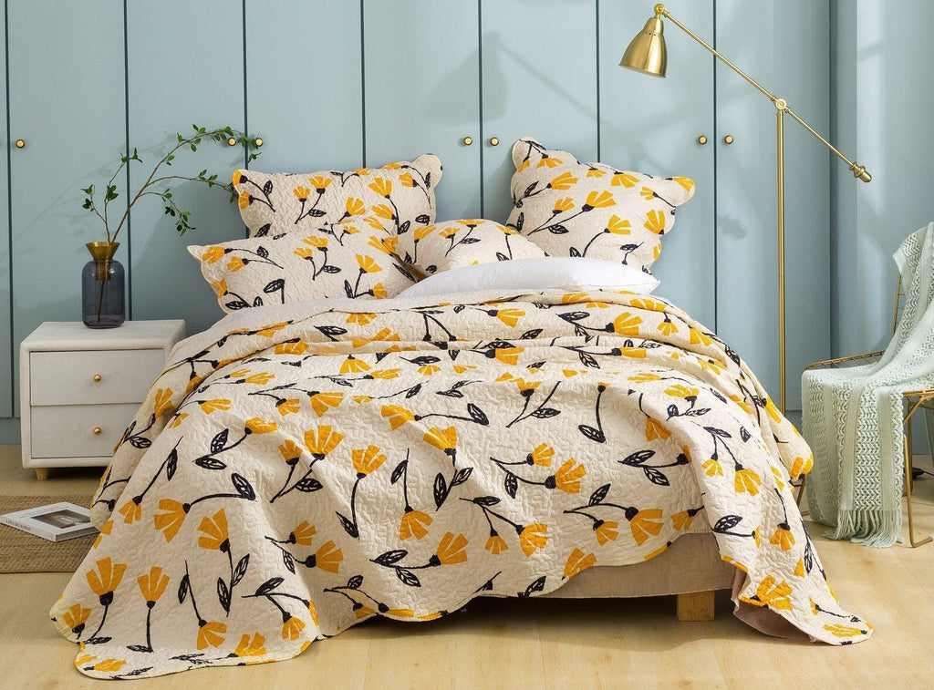 Ivory floral bedding set with yellow flower and leaf print, comforter and matching pillow shams