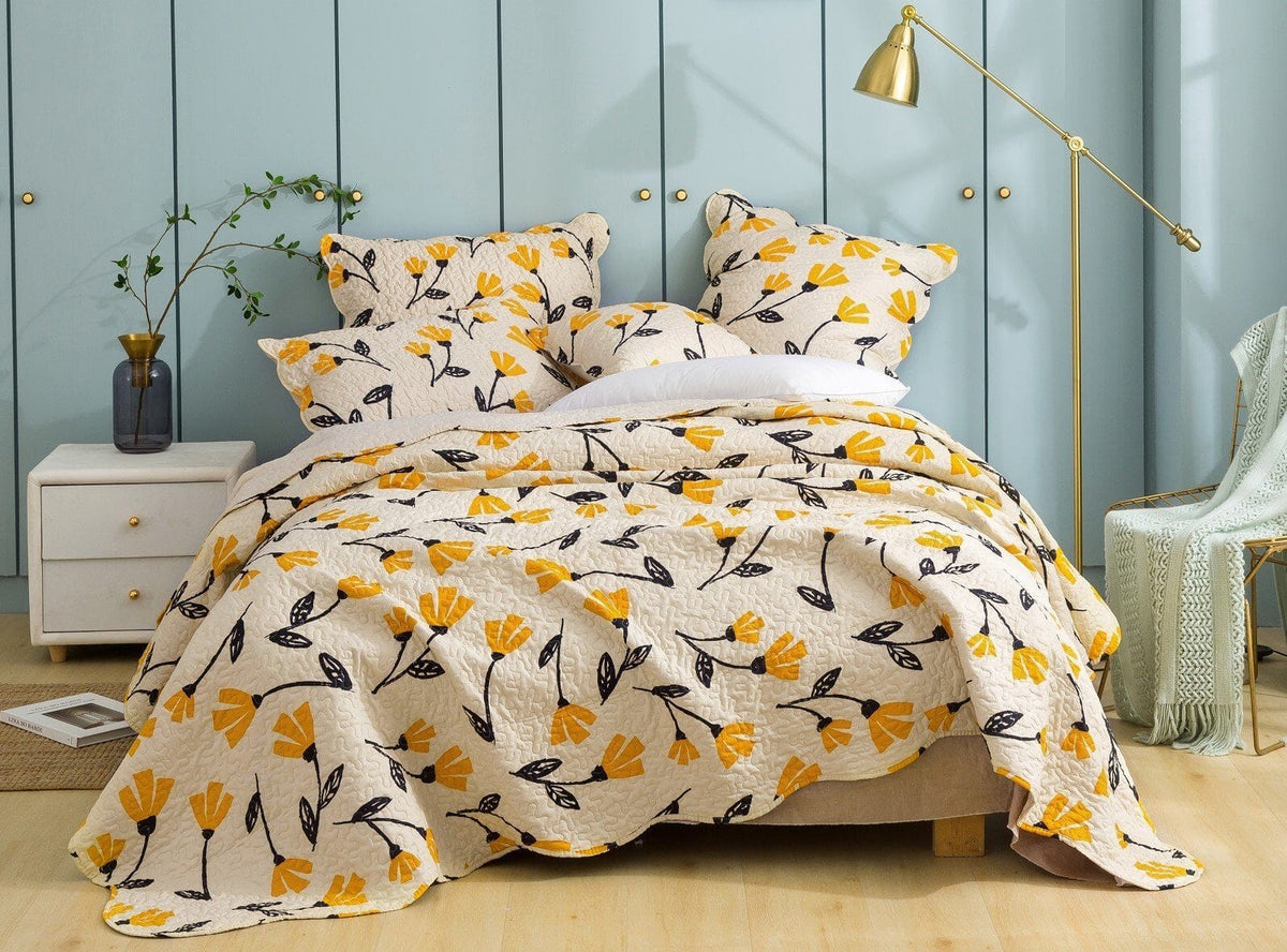 Ivory floral bedding set with yellow flower and leaf print, comforter and matching pillow shams