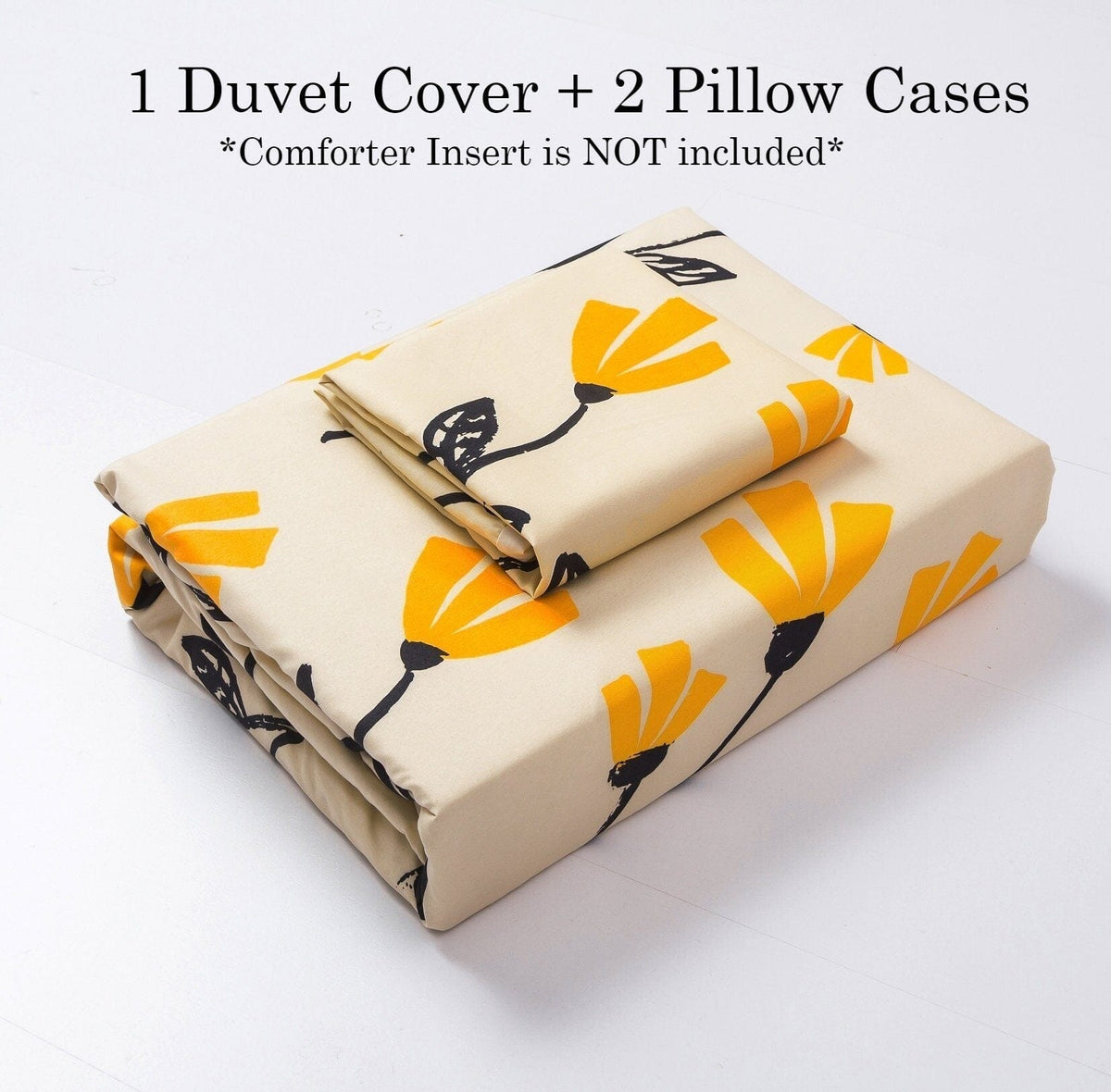 Folded cream duvet cover set with yellow floral print and 2 pillowcases included