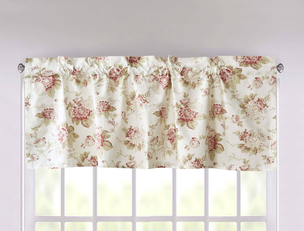 Pastel rose floral window valance curtain with gathered top, ruffled trim, white