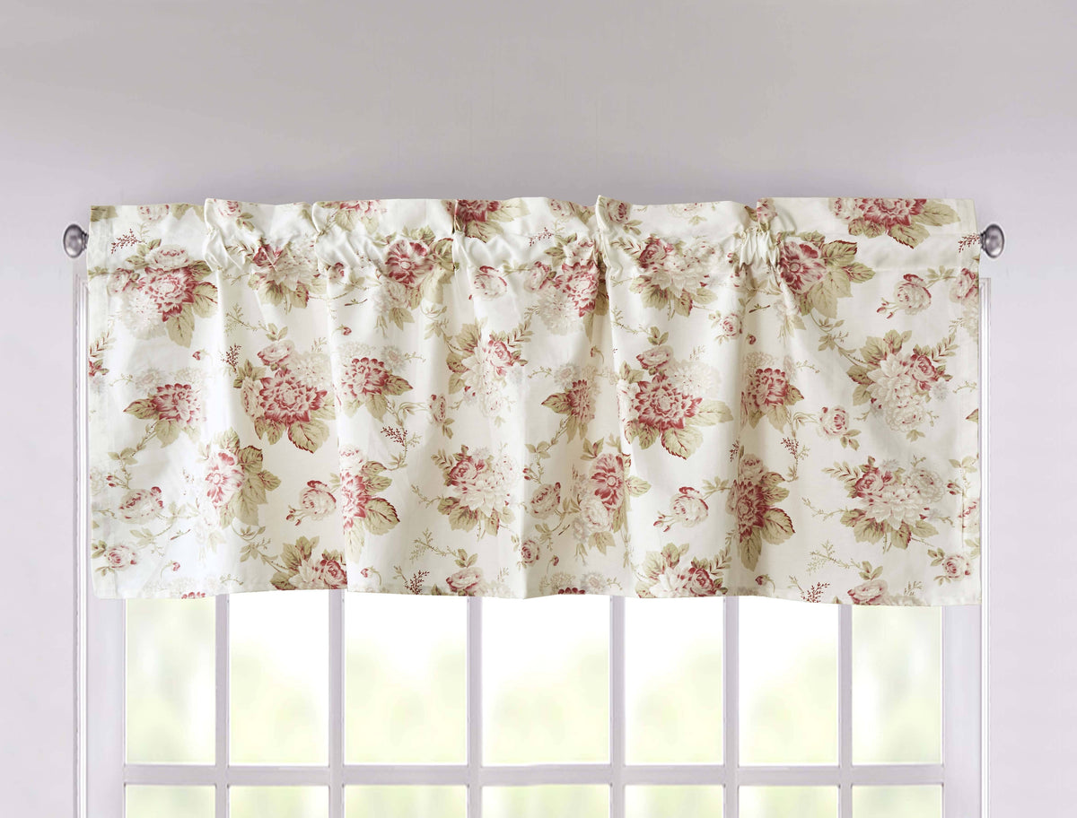 Pastel rose floral window valance curtain with gathered top, ruffled trim, white