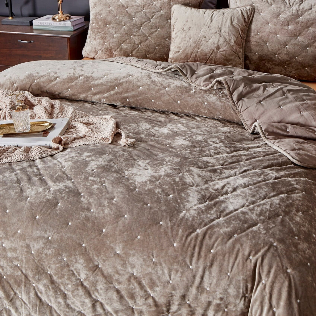 Taupe beige tufted velvet quilt bedspread with diamond tufts, wide top view