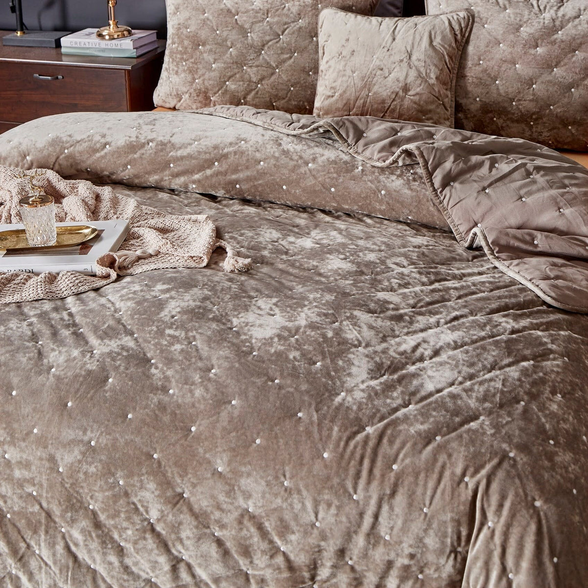 Taupe beige tufted velvet quilt bedspread with diamond tufts, wide top view