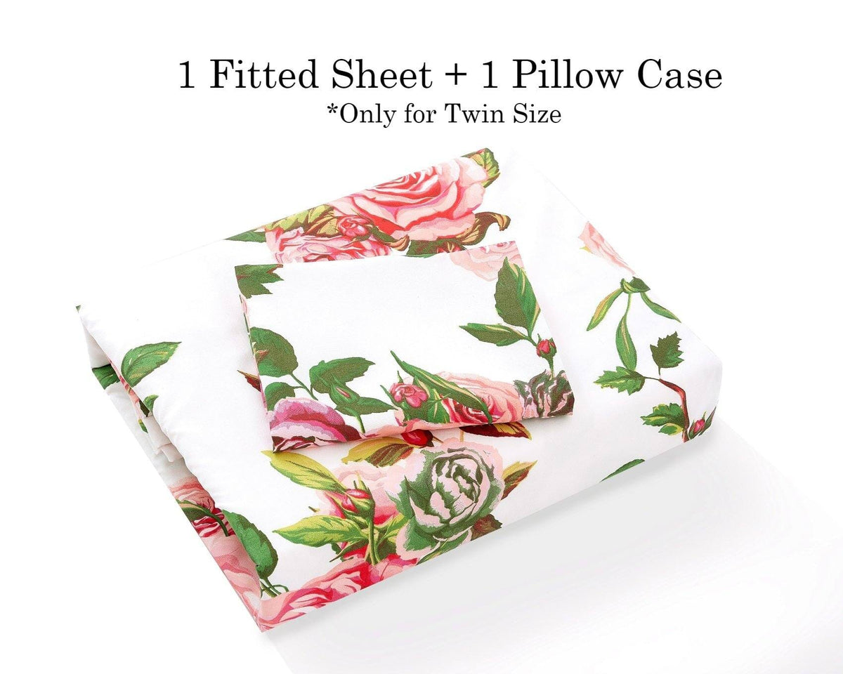 Twin-size rose floral fitted sheet with one pillowcase, folded set