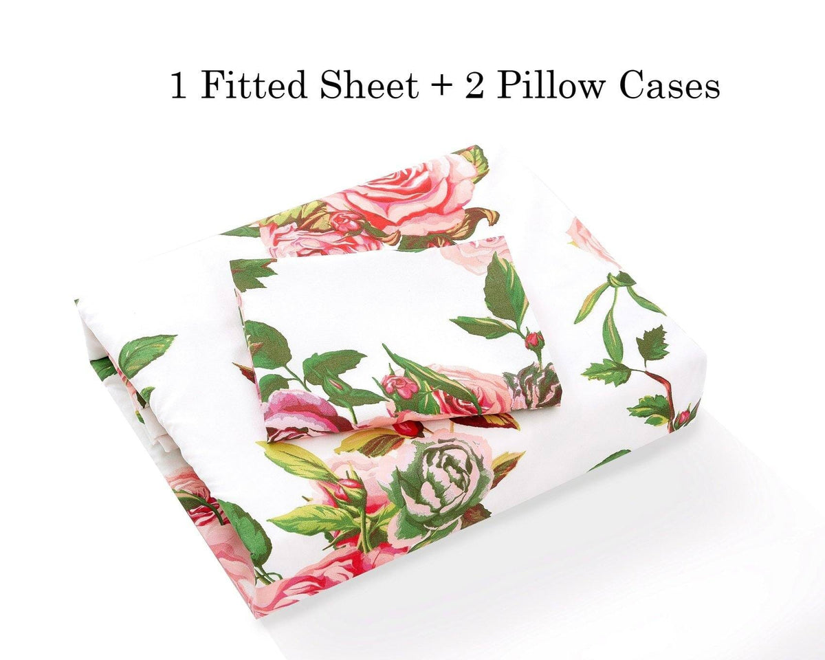 Pink rose floral fitted sheet with matching pillowcases, folded set
