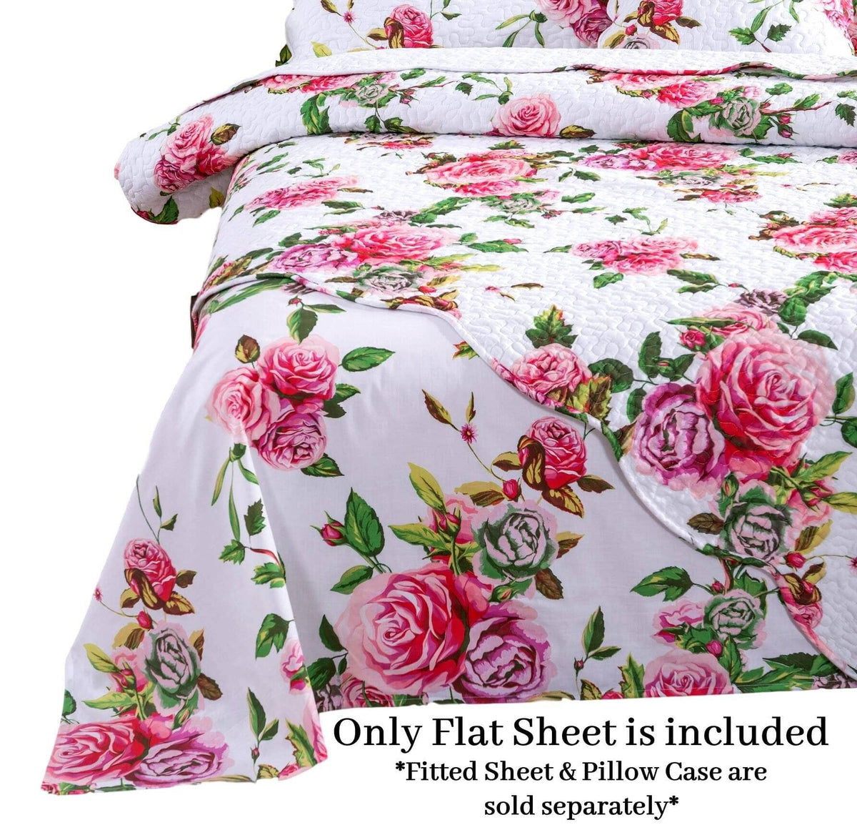 Floral flat sheet with pink rose bouquets and green leaves on white, layered on bed