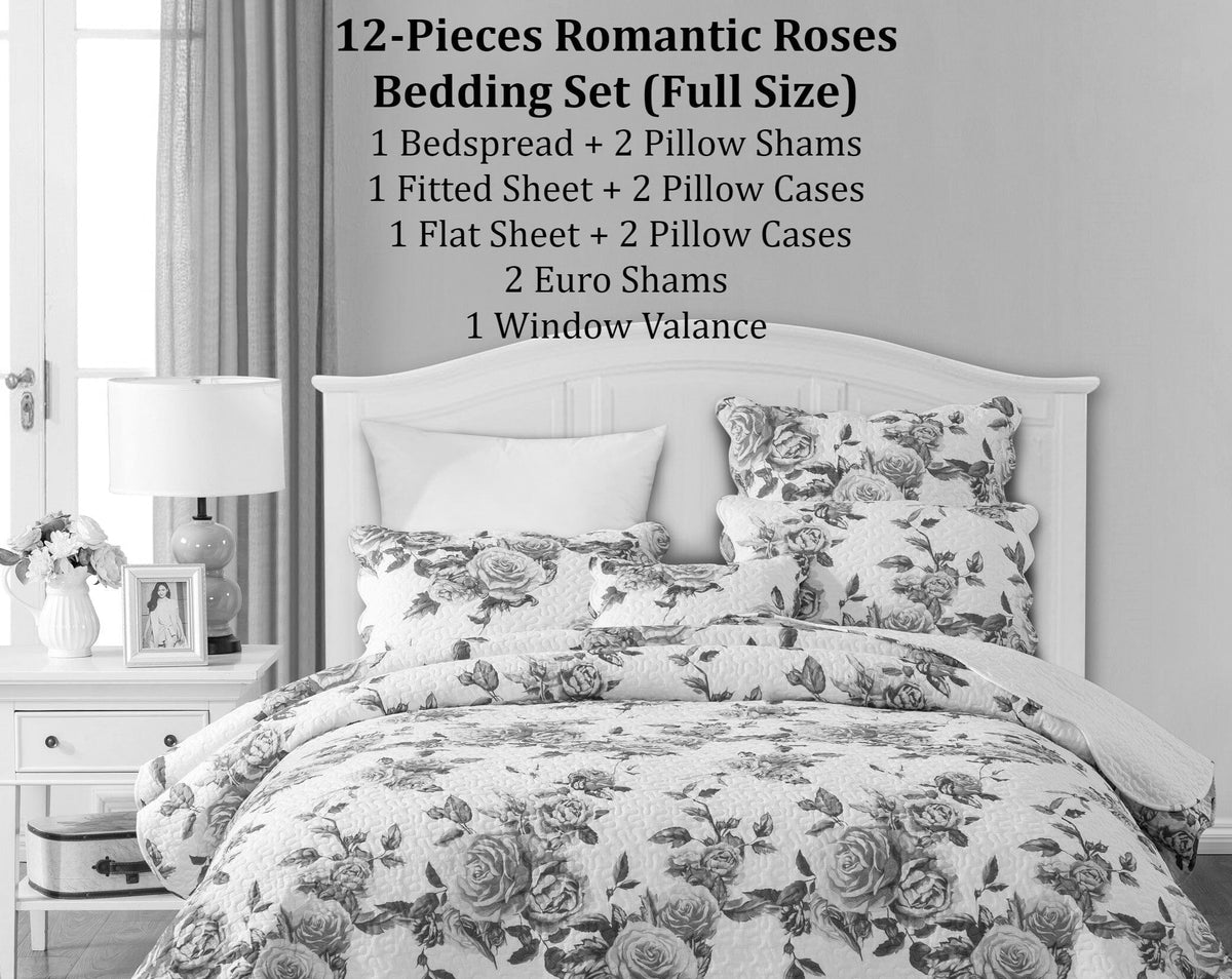 Floral rose bedding set on bed with patterned comforter and decorative pillows