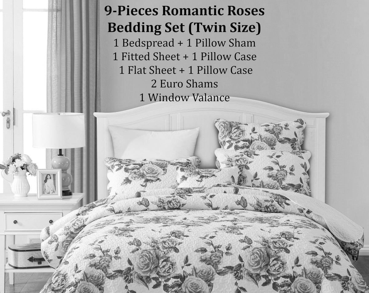 Floral rose bedding set on bed with patterned comforter and pillows