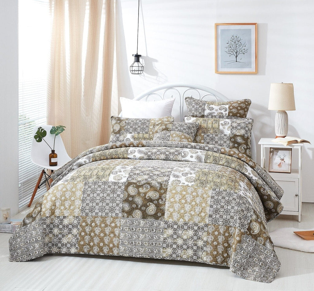 Olive-brown paisley bedding set with patchwork comforter and matching decorative pillows