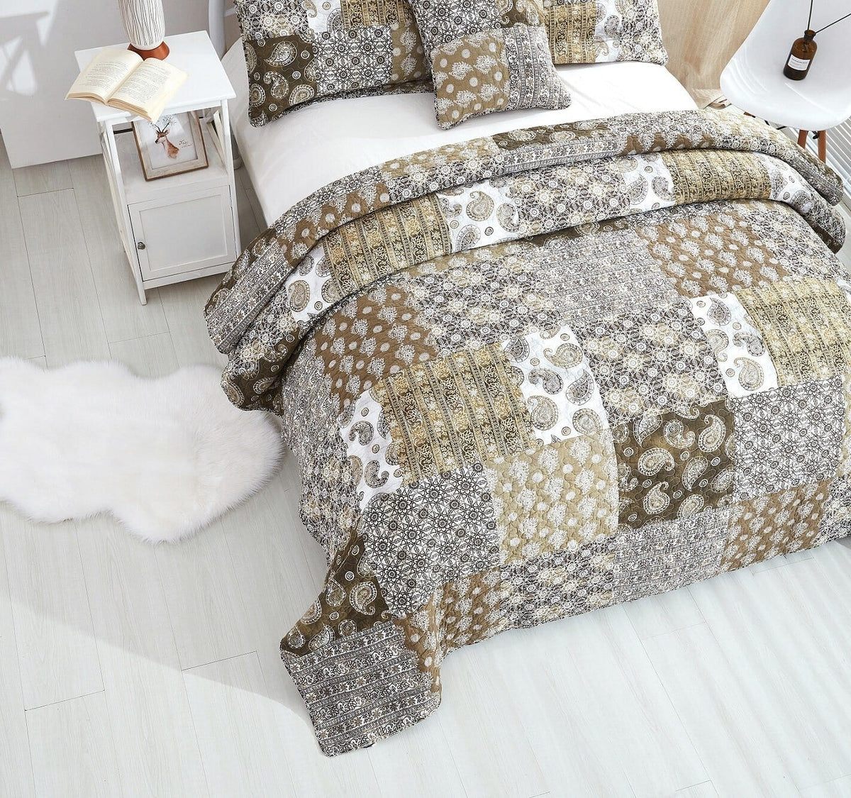 Bedding set with olive-brown paisley floral comforter and matching pillow shams