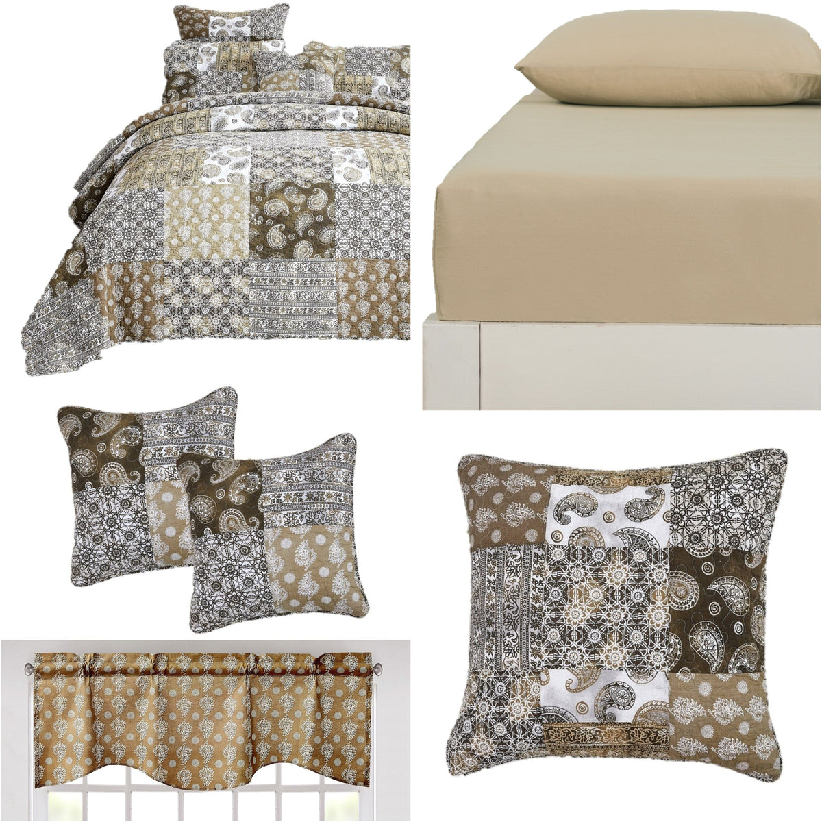 Olive-brown paisley bedding set with patchwork bedspread and matching pillow shams