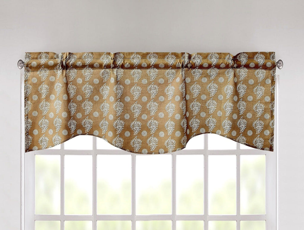 Paisley floral bed valance in olive-brown and tan across white window