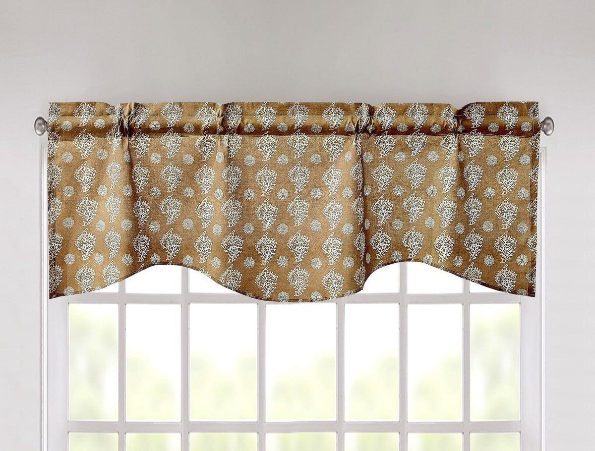 Paisley floral bed valance in olive-brown and tan across white window