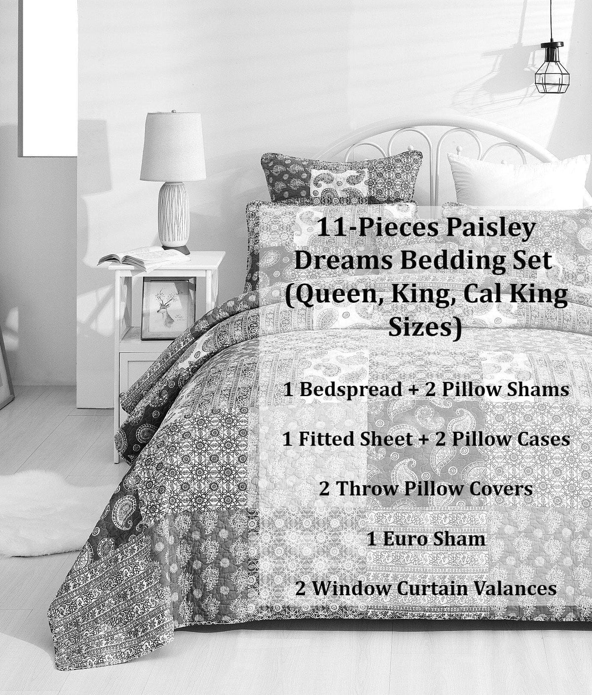 Paisley bedding set featuring patchwork bedspread and two patterned pillow shams