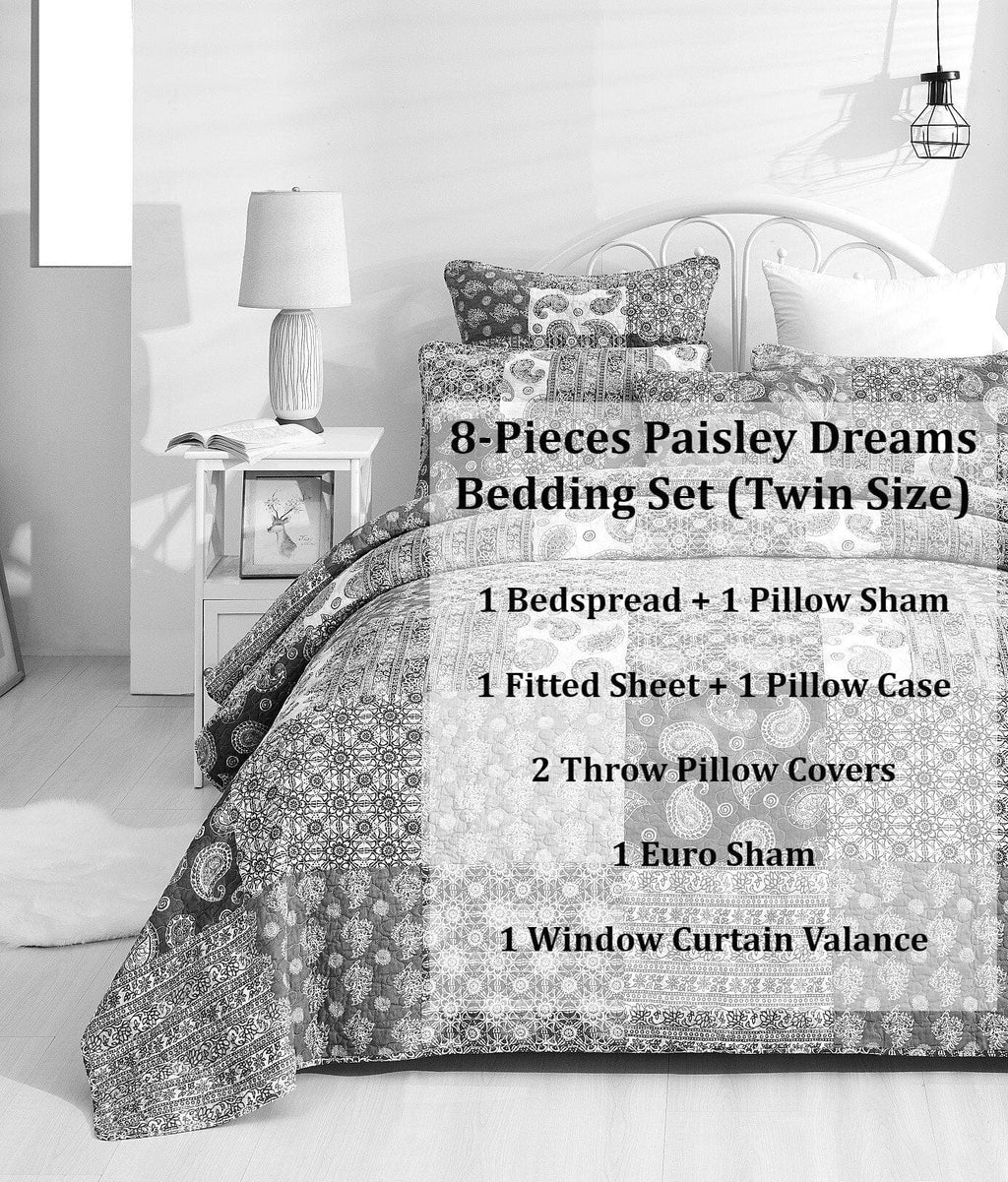 Paisley bedding set on bed with patchwork bedspread and patterned pillow shams