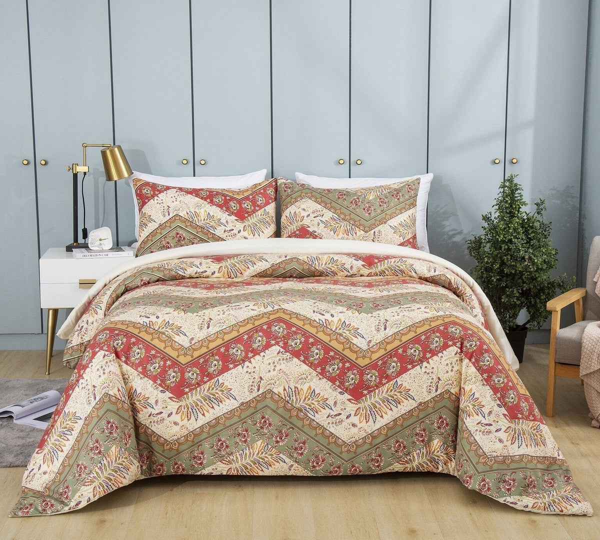 Floral chevron duvet cover set on bed, red sage and beige botanical pattern