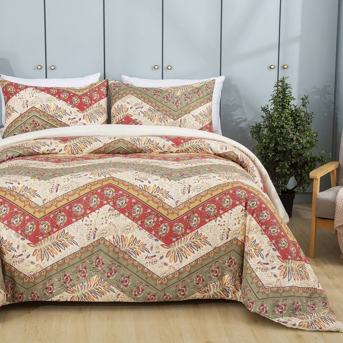 Floral chevron duvet cover with matching shams, cranberry and sage on cream