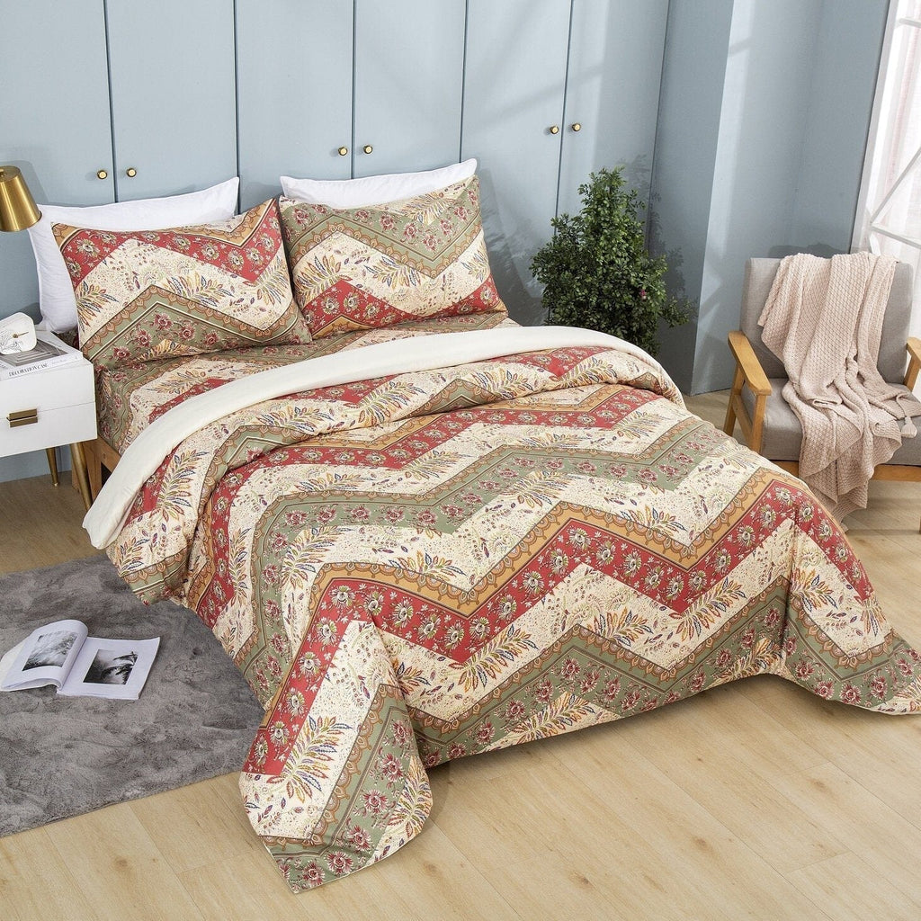 Floral chevron duvet cover set in cranberry and sage on cream