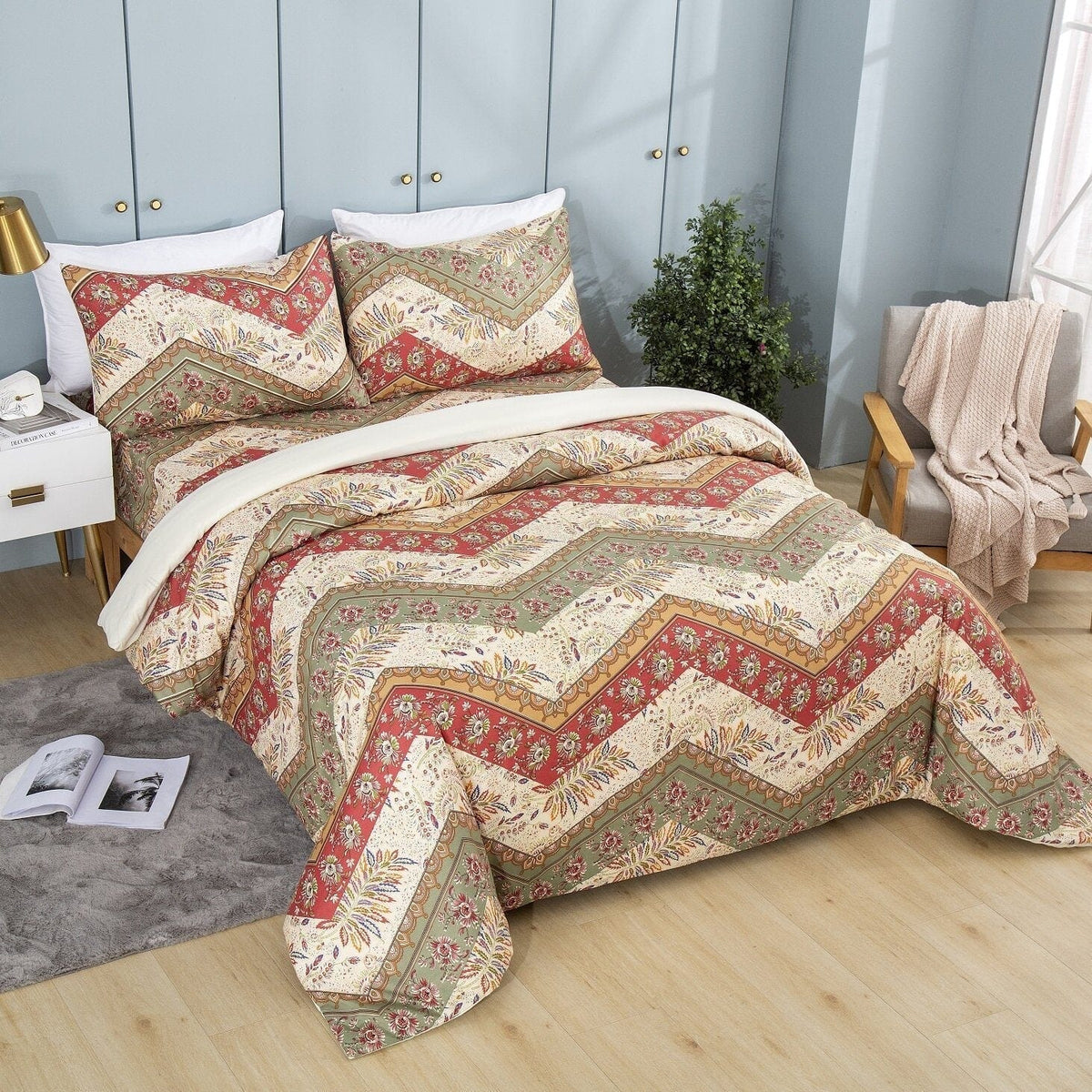 Floral chevron duvet cover set in cranberry and sage on cream