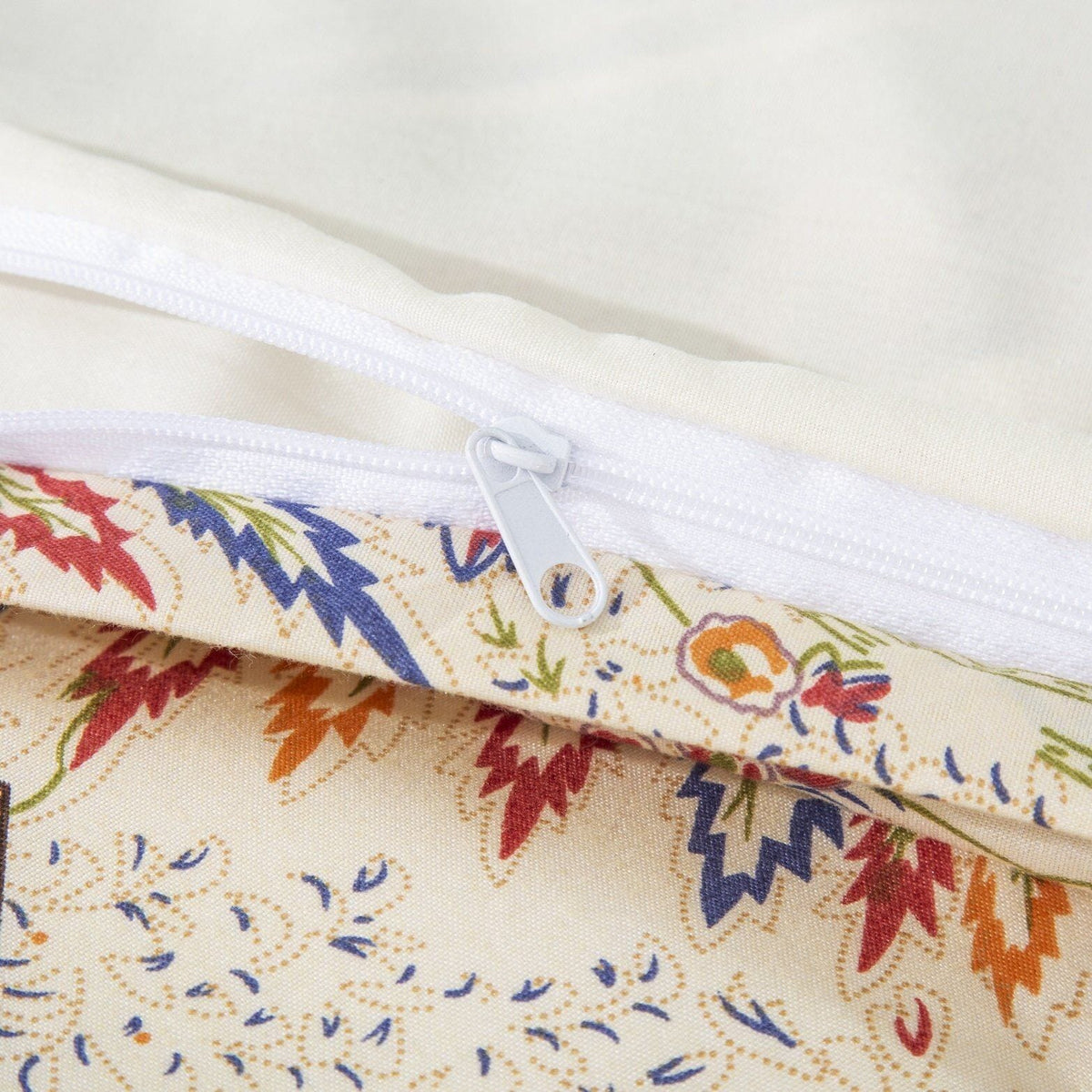 Floral duvet cover close-up with white zipper and stitched decorative edge