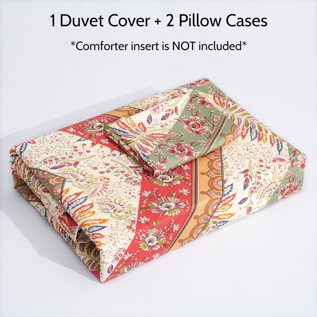 Floral chevron duvet cover set, red and sage prints with beige base, folded