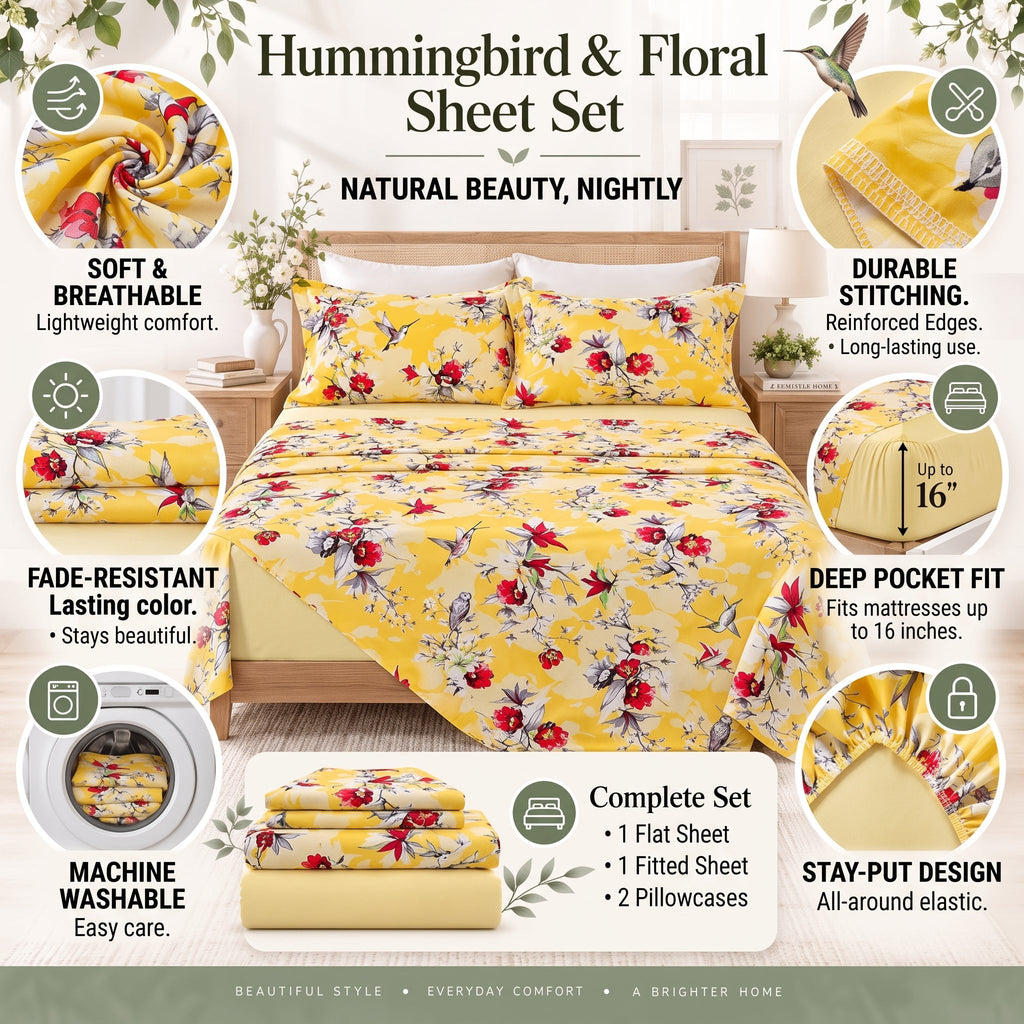 Yellow hummingbird and floral bed sheet set with two pillowcases on a bed