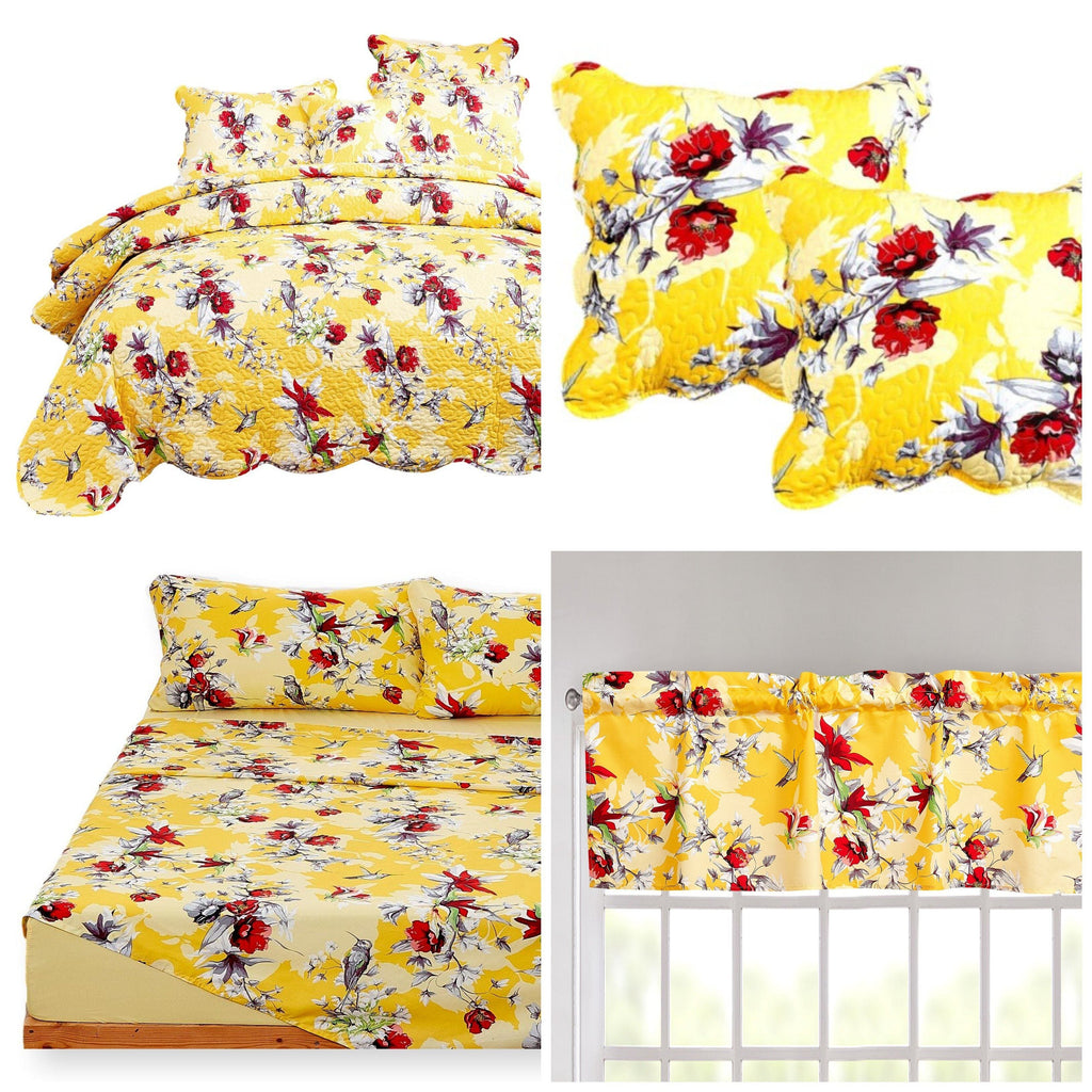 Quilted bed in a bag set with yellow floral comforter and matching pillow shams