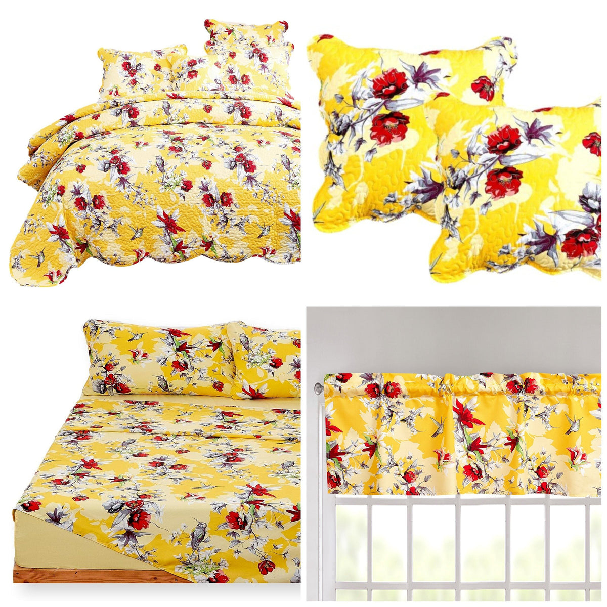 Quilted bed in a bag set with yellow floral comforter and matching pillow shams