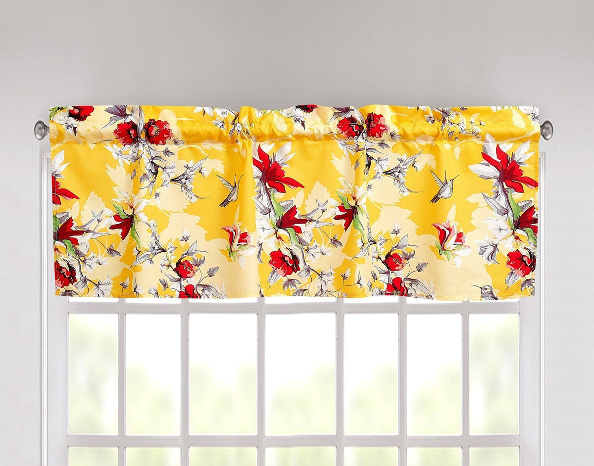 Yellow floral window valance with repeating bird-and-flower pattern