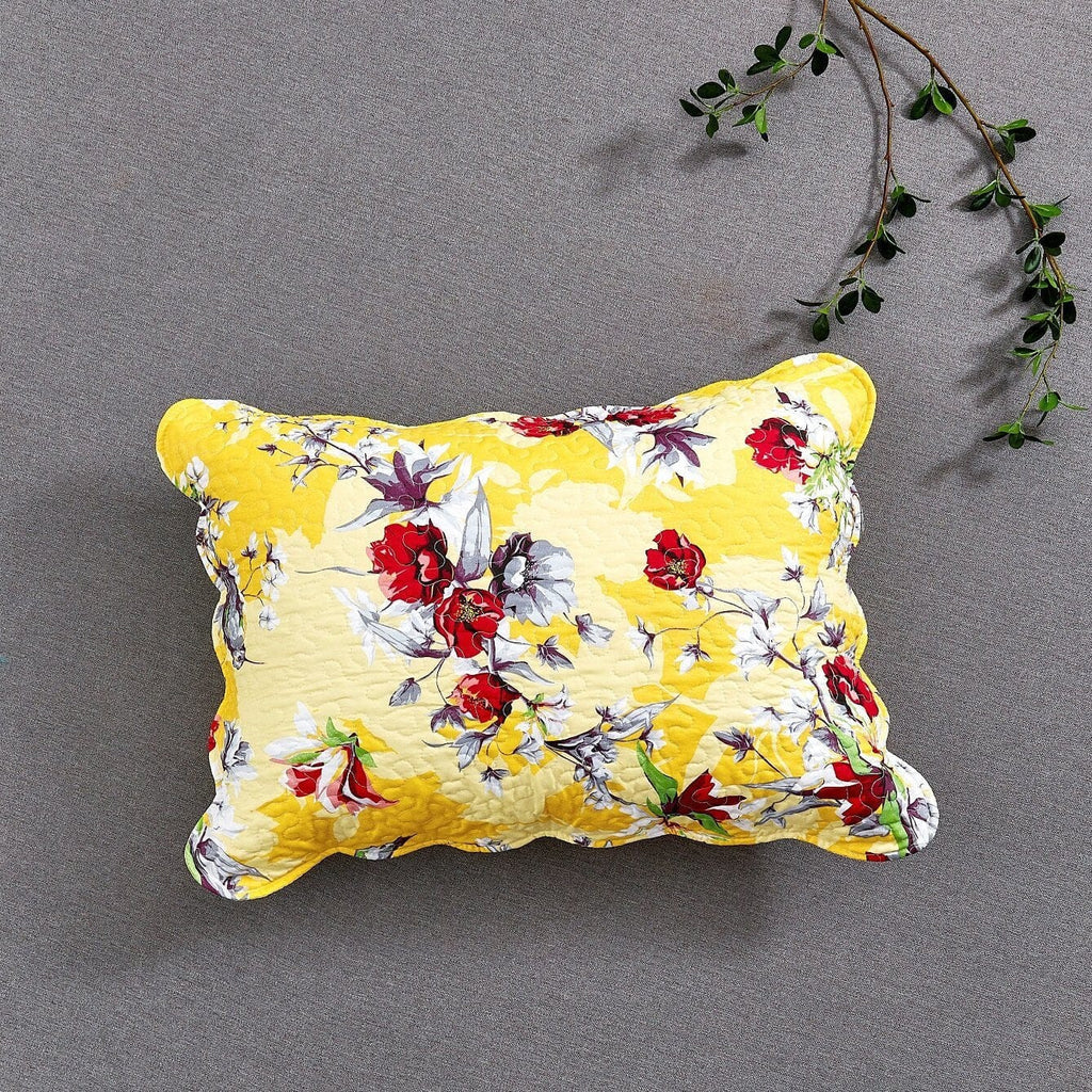 Yellow floral hummingbird pillow sham with stitched quilting detail