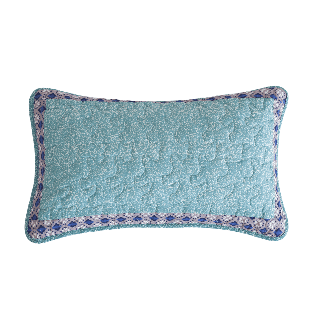 Turquoise cotton lumbar pillow sham with blue geometric border and quilted pattern