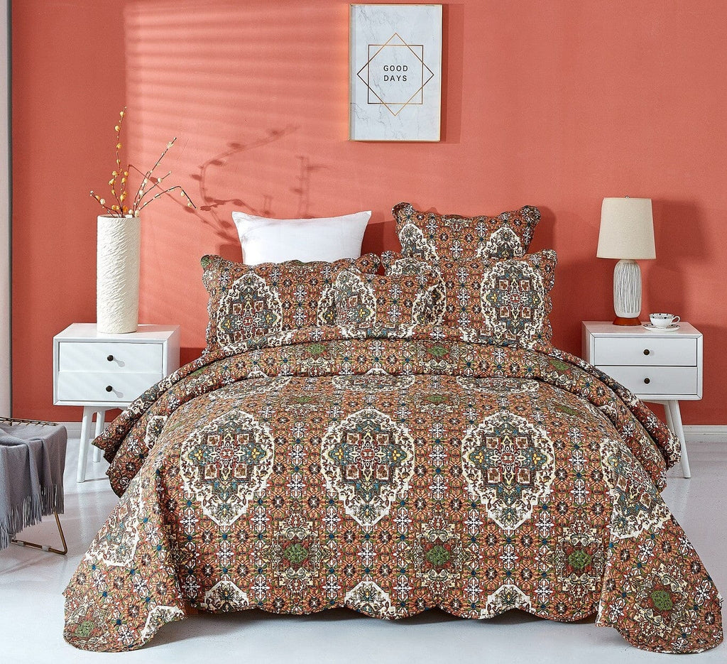 Quilted bedspread set featuring rustic medallion print with matching sham pillows