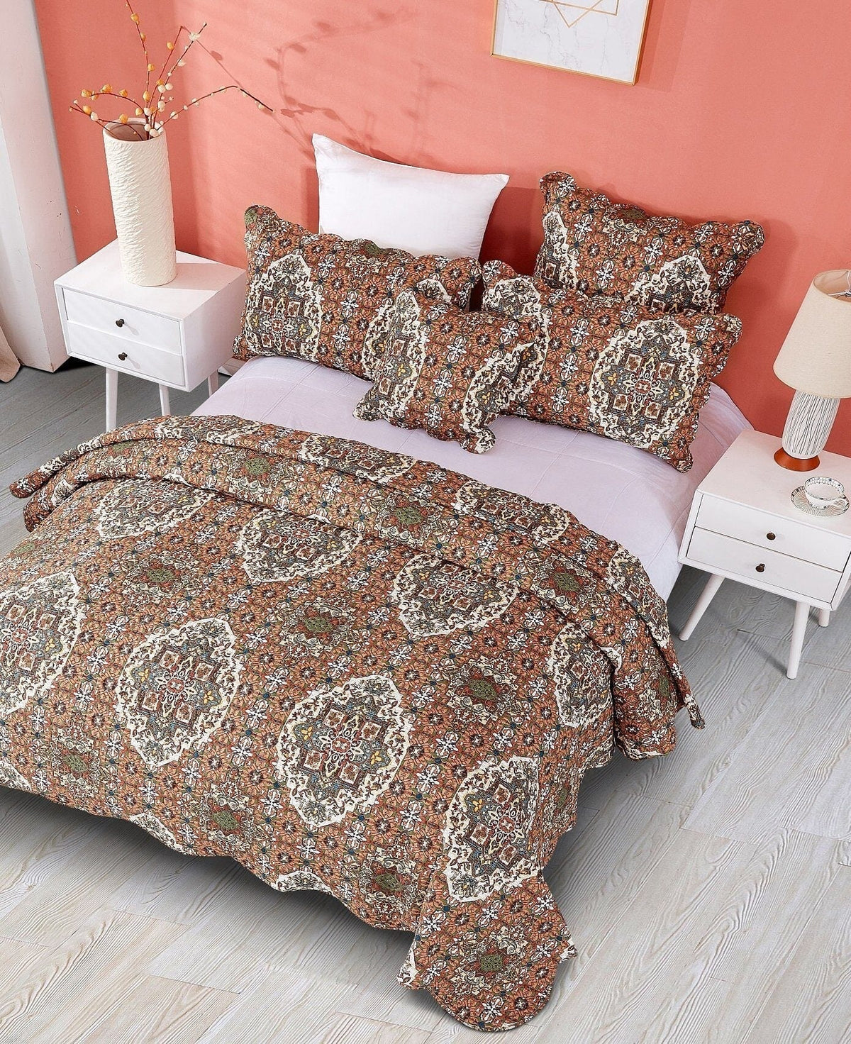 Quilted bedspread set with all-over folk medallion pattern and coordinated sham pillows