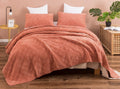 Terracotta coral velour corduroy bedspread set with matching pillows and quilted texture