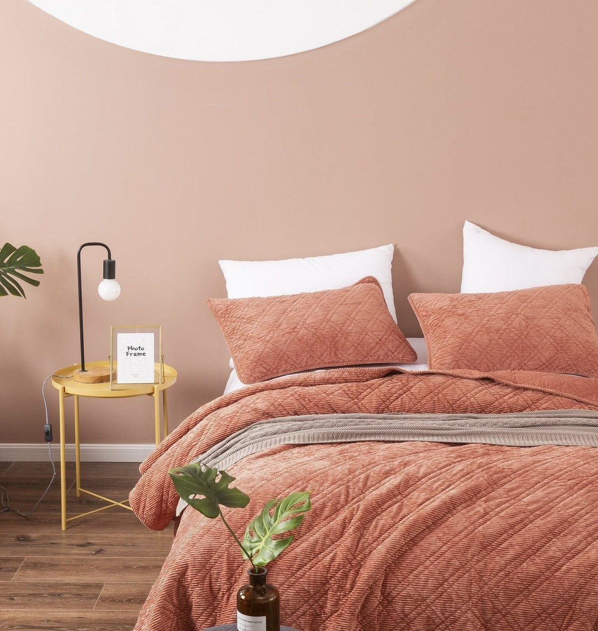 Terracotta coral velour corduroy bedspread with two embroidered-look pillows