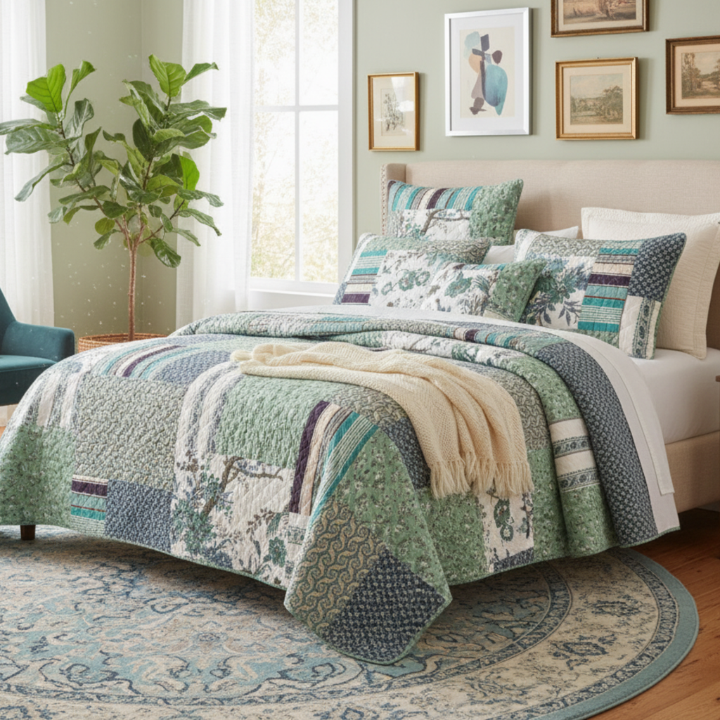 Quilted patchwork bedspread with teal, green, and cream fabric panels and striped borders