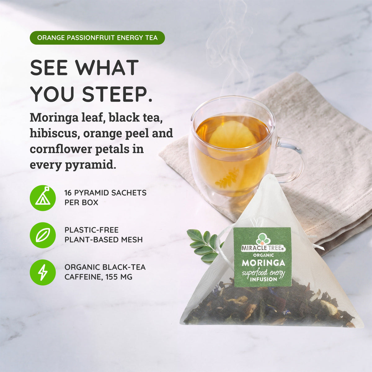 Moringa orange passionfruit energy tea box sachet and cup of tea
