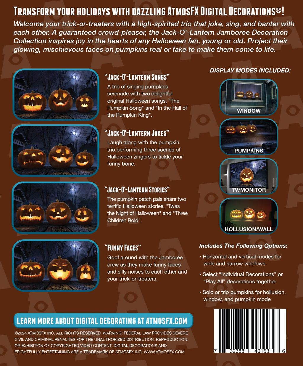 Projector kit packaging panel showing holiday display modes and features