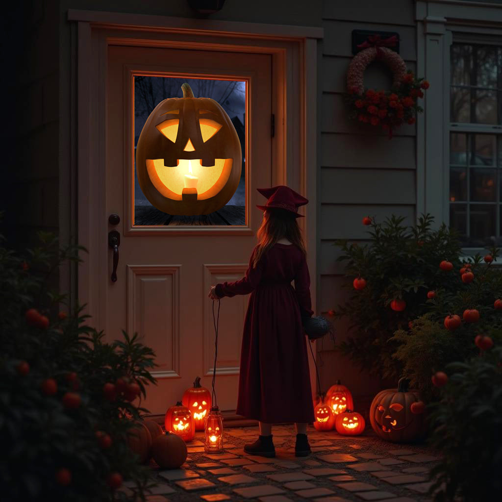 Jack-o-lantern projection on front door with glowing pumpkin faces