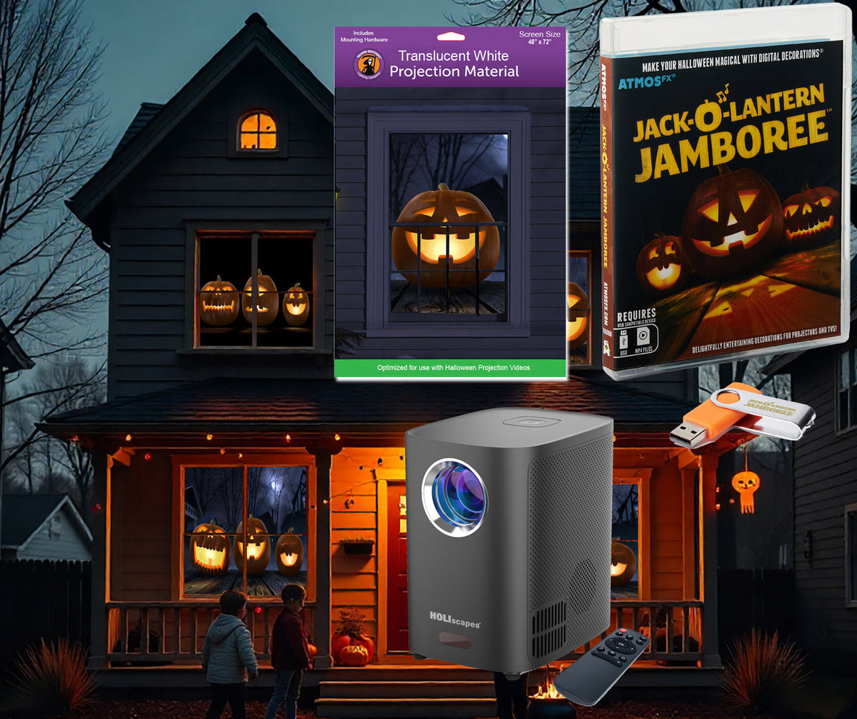 USB digital projector kit with remote, projection screen, and Jack-o-lantern themed projector box