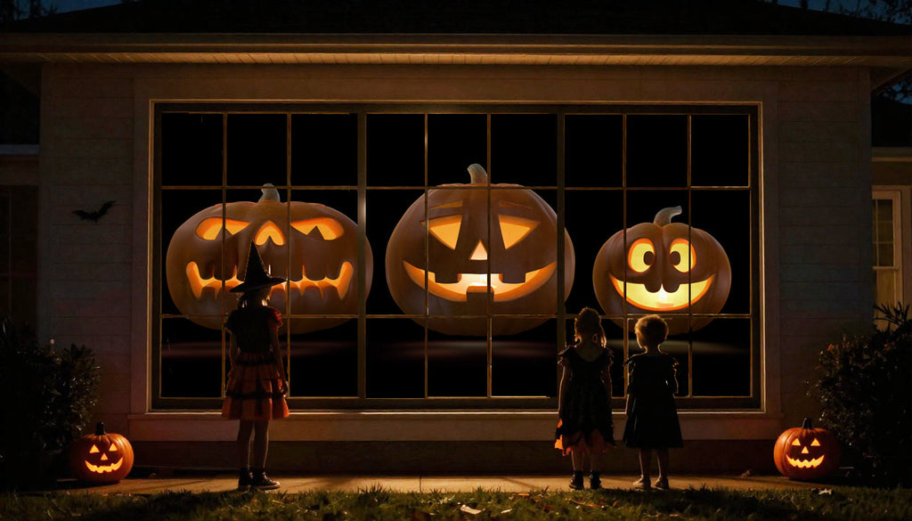 Jack-o-lantern pumpkin projections on window with glowing carved faces