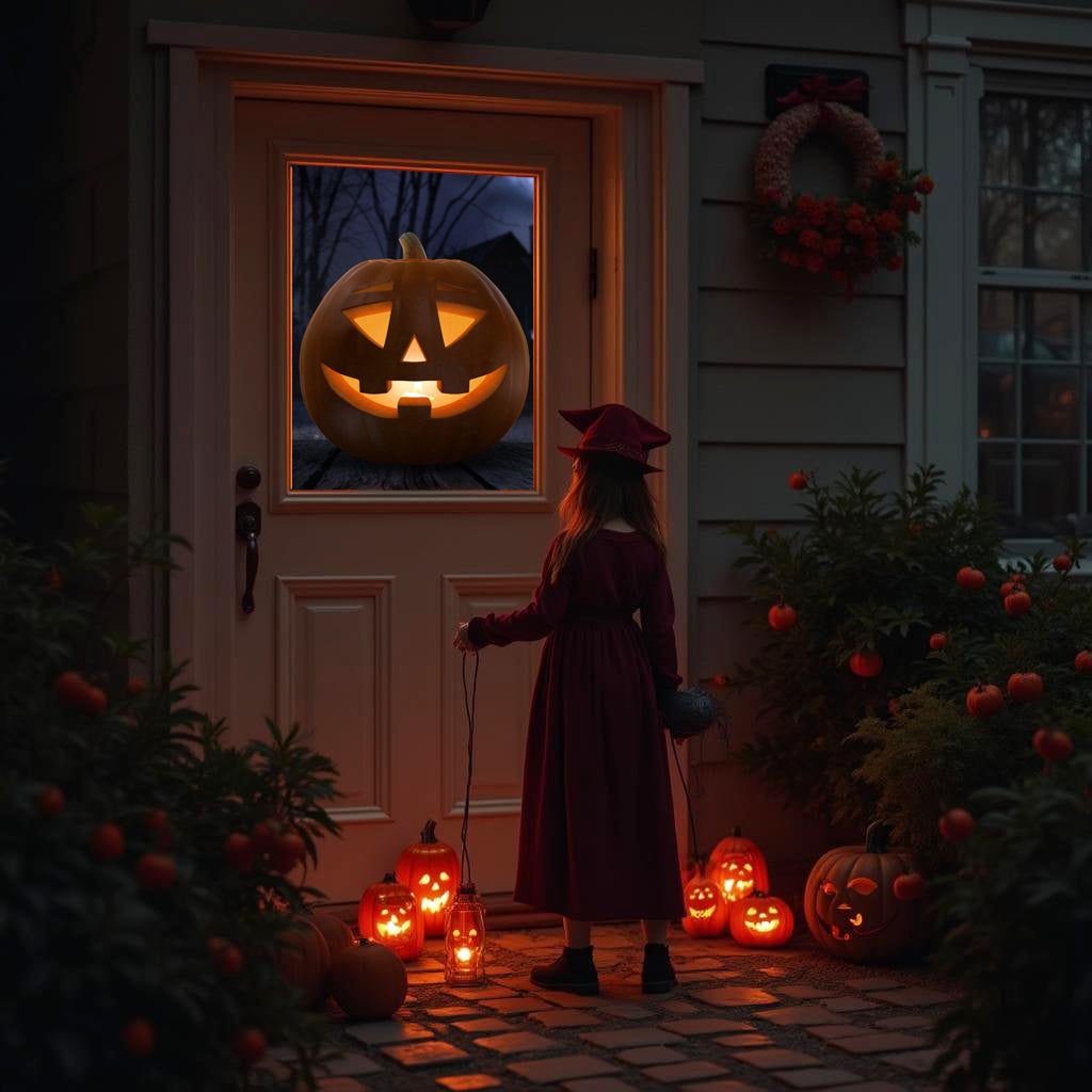 Glowing jack-o-lantern projection on front door with Halloween yard lighting