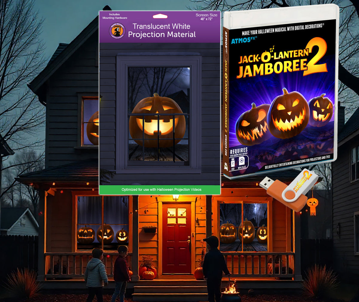 AtmosFX Halloween projection screen and Jack-O-Lantern Jamboree 2 USB kit packaging