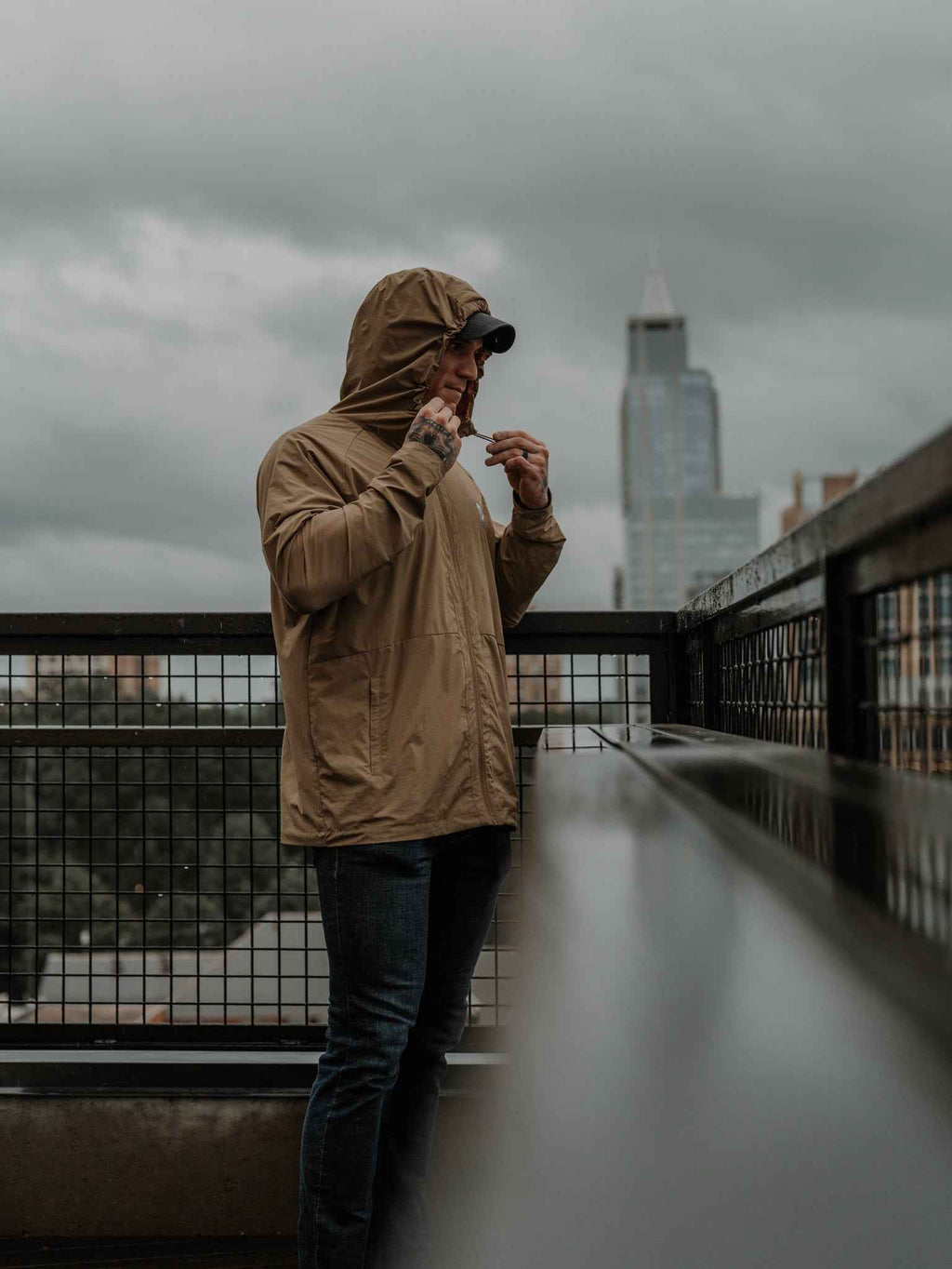Men's journey jacket, tan hooded parka with full zip and side pockets