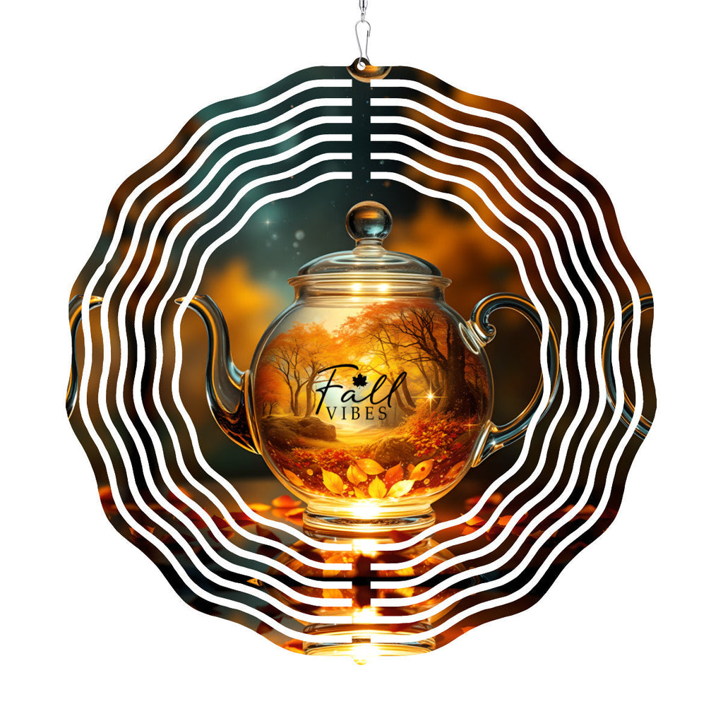 Brown tea kettle wind spinner with translucent kettle graphic inside striped swirl blades